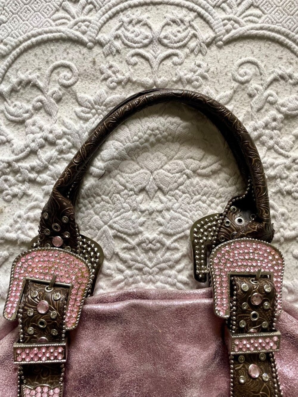 SOLD Vintage Y2K Charm + Luck Western San Antonio Leather Rhinestone Satchel Bag - Picture 7 of 16
